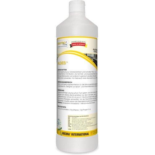Eine weiße 1-Liter-Flasche mit der Aufschrift "Arcora Aldes Alkoholische Schnelldesinfektion Für Den Lebensmittelbereich" von Arcora International GmbH ist mit einer deutschen Gebrauchsanweisung, einer roten "Premium Quality Made in Germany"-Plakette und Warnhinweisen auf dem Etikett versehen.