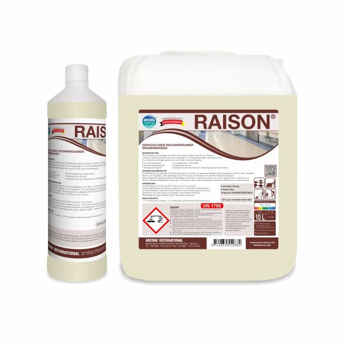 Two containers of Arcora RAISON Odorless Highly Effective Basic Cleaner by Arcora International GmbH, a bottle and a large jug with detailed German labeling, are depicted against a white background - ideal for professional cleaning tasks.