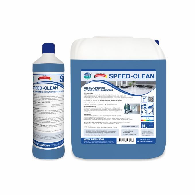 A 1-liter bottle and a 10-liter canister of Arcora SPEED-CLEAN FAST-ACTING ACTIVE CLEANER CONCENTRATE from Arcora International GmbH are shown with German labels for quick cleaning of heavy soiling.