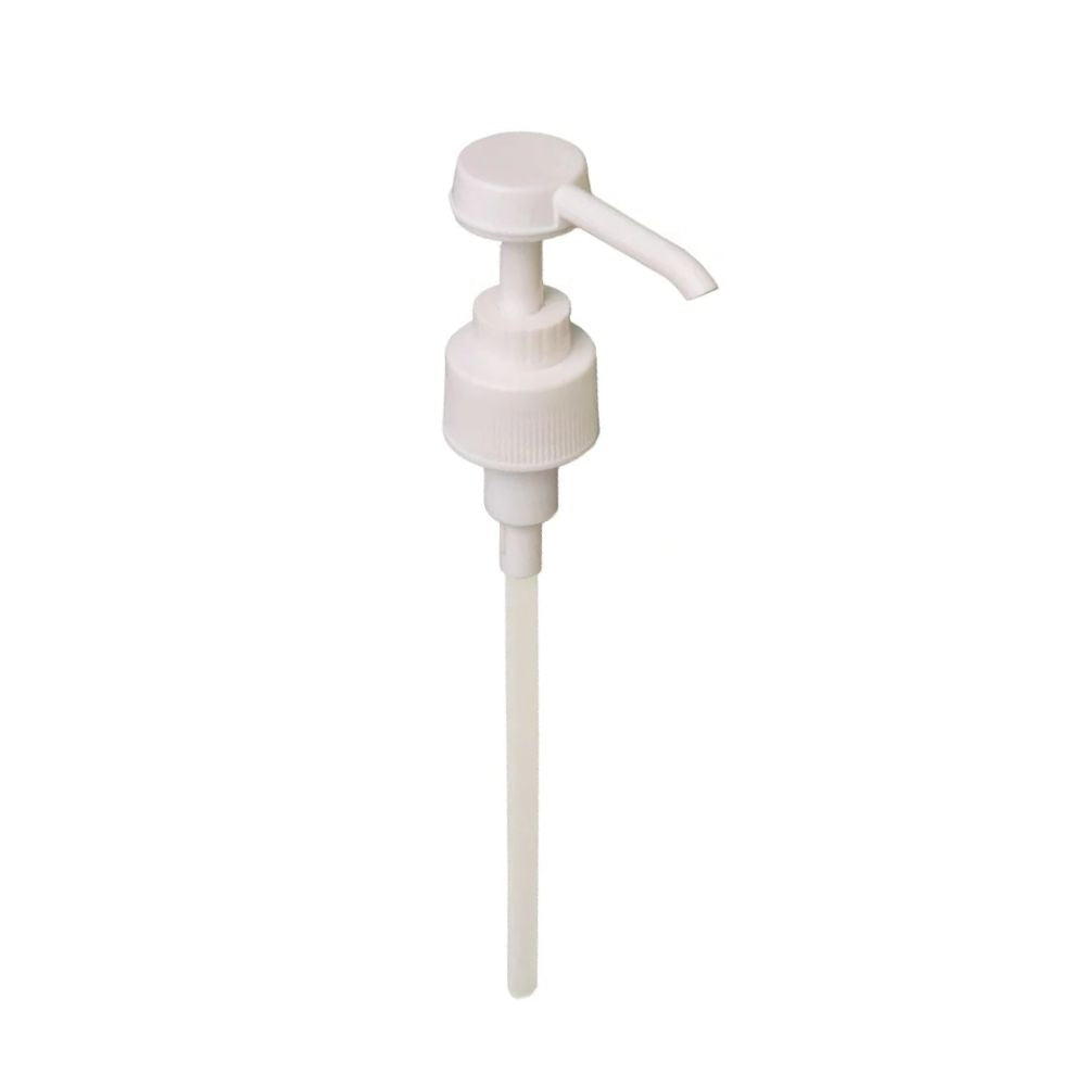 The Dr. Schumacher dosing pump for 500 / 1000 ml by Dr. Schumacher GmbH is a white plastic pump with a long tube for precise dosing of liquids from dispenser bottles. Available in a pack of 10.