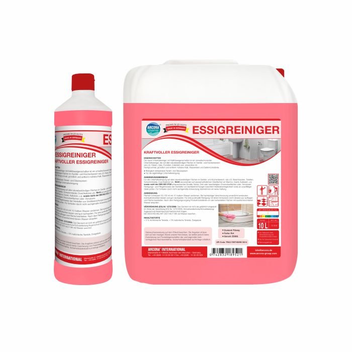 Two containers of Arcora International GmbH Arcora VINEGAR CLEANER POWERFUL VINEGAR CLEANER - a 1-liter bottle and a 10-liter jug - are depicted in white with red labels in German. This powerful cleaner effectively removes lime deposits.