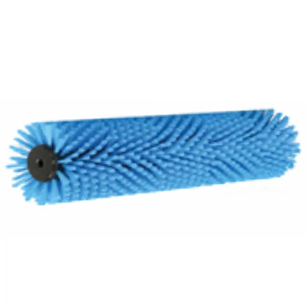 The Arcora Aniko 350 Duo Brush Replacement Brush Standard, Blue from Arcora International GmbH is a cylindrical blue brush roller with high-quality bristles in a chevron pattern, ideal for cleaning machines or vacuum cleaners.
