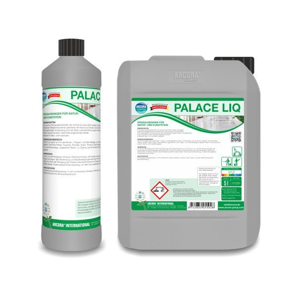 Two gray Arcora PALACE LIQ SPECIAL CLEANER containers from Arcora International GmbH in various sizes with a black lid, green and white label with text, hazard symbols, and branding. Perfect for the effective cleaning of natural and artificial stone surfaces.