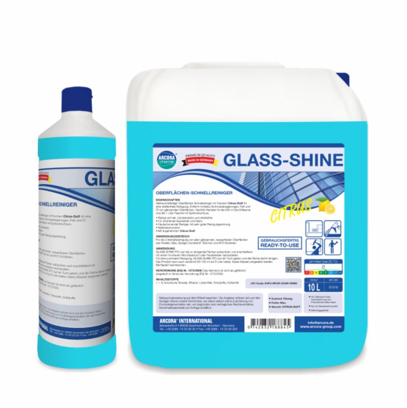 Two containers of Arcora GLASS-SHINE surface quick cleaner (1L bottle and 10L jug) from Arcora International GmbH. Both labels contain information and instructions for quick cleaning and shiny surfaces.