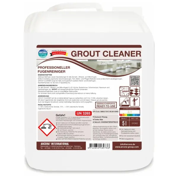 A white 5-liter container labeled "Arcora GROUT CLEANER TILE AND GROUT CLEANER" by Arcora International GmbH features instructions, safety warnings, hazard symbols, and product information in German and English on the front.