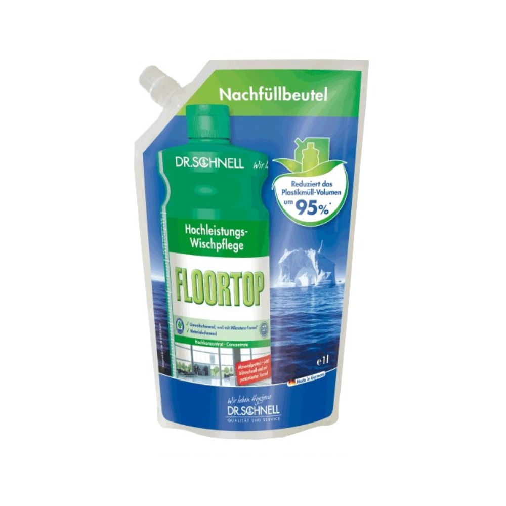 A green-white refill pouch for Dr. Schnell Floortop, Floor Cleaner Concentrate from DR.SCHNELL GmbH & Co. KGaA offers powerful cleaning and uses 95% less plastic in packaging.