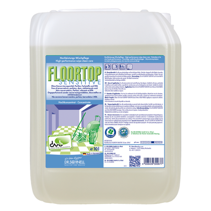 A large, transparent plastic container with the label "Dr. Schnell Floortop Sensitive, high-performance floor cleaner, fragrance-free" from DR.SCHNELL GmbH & Co. KGaA is equipped with a green cap, multilingual information, and a cleaning illustration on the front.