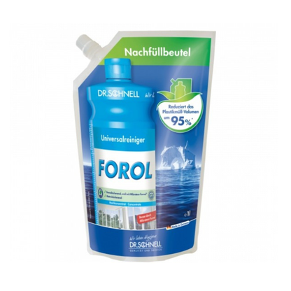 A 1-liter refill pouch of Dr. Schnell Forol Universal Cleaner Surface Concentrate from DR.SCHNELL GmbH & Co. KGaA with blue-white-green labeling and spout is packaged 95% plastic-free.