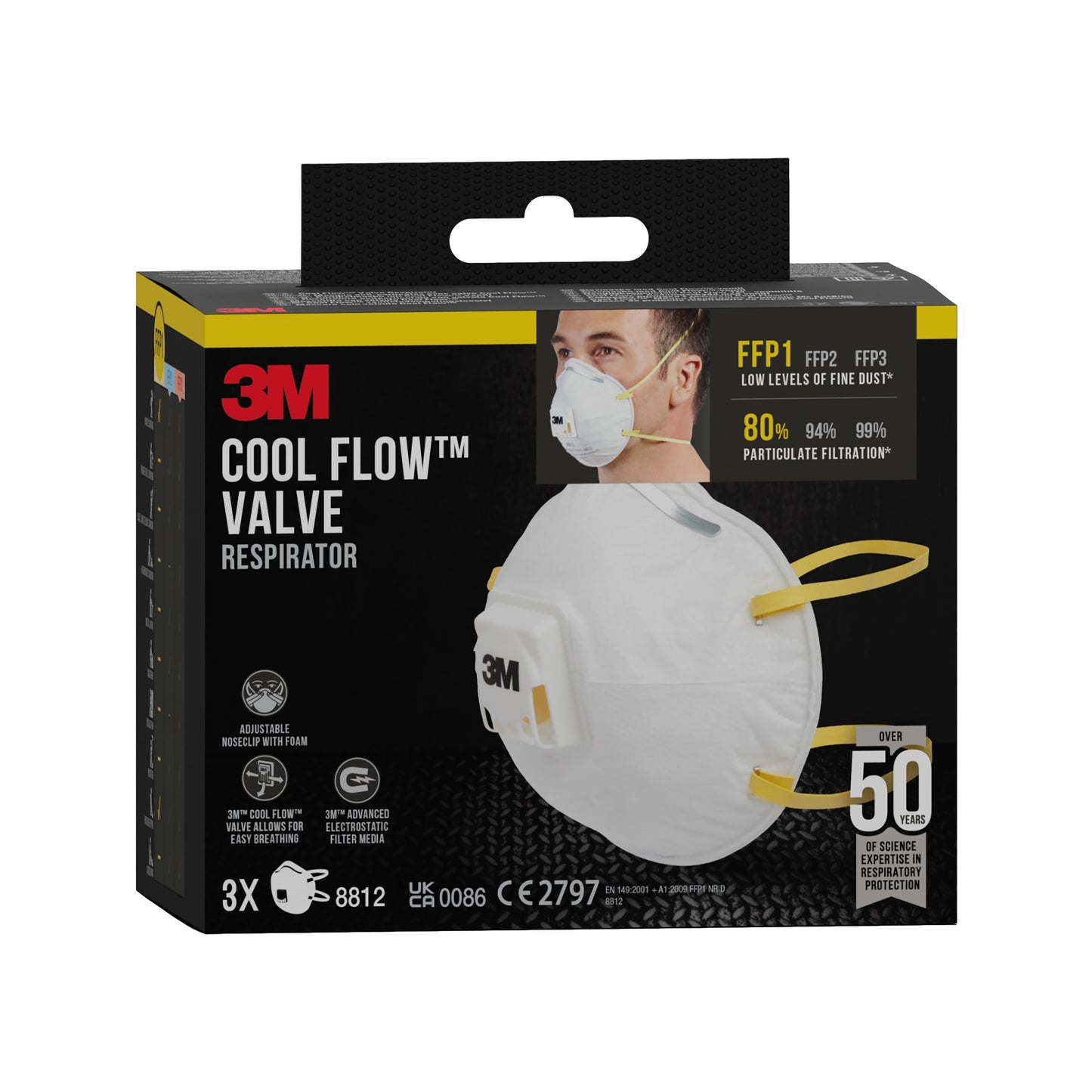 The 3M™ Cool Flow™ Particulate Respirator 8812, FFP1 with valve, 3-pack from 3M Deutschland GmbH is delivered in a box with mask images and user illustration. Each pack contains three respirators designed for comfortable respiratory protection.