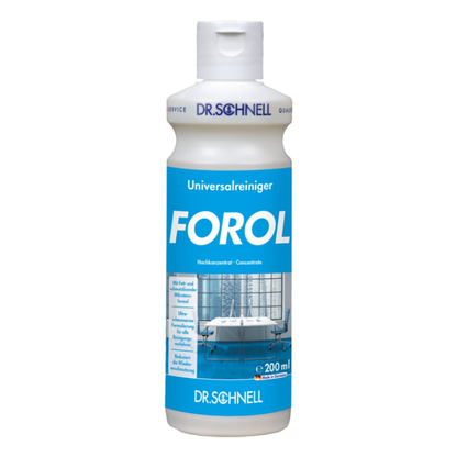 A white 200 ml plastic bottle Dr. Schnell Forol Universal Cleaner Surface Concentrate from DR.SCHNELL GmbH & Co. KGaA, with a blue label and cleanroom image. Suitable for various surfaces due to its excellent material compatibility.