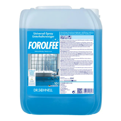 A 10-liter container of Dr. Schnell ForolFee Universal Cleaner, a ready-to-use surface cleaner from DR.SCHNELL GmbH & Co. KGaA, with blue liquid and a blue-white label with text, instructions, and an office image.