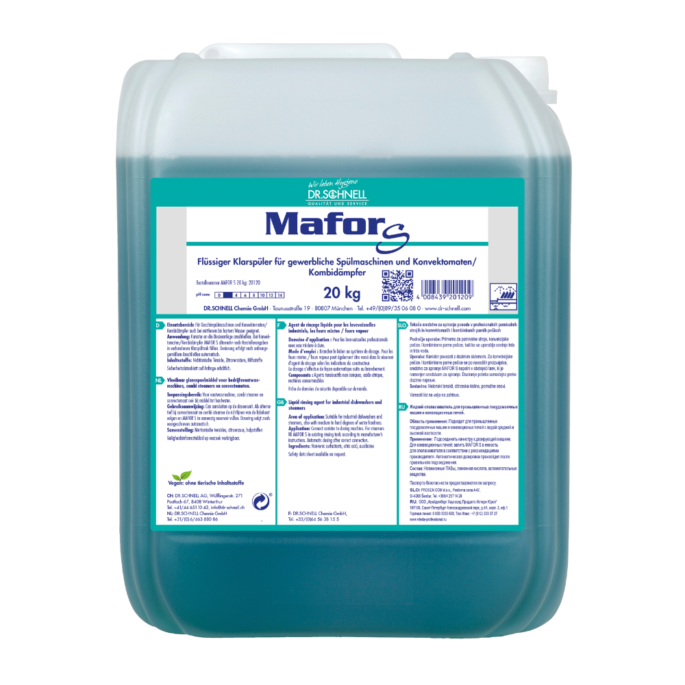 A 20 kg plastic container of Dr. Schnell MAFOR S acidic rinse aid for commercial dishwashers from DR.SCHNELL GmbH & Co. KGaA, blue liquid, with a German white-green label with product information and safety instructions.