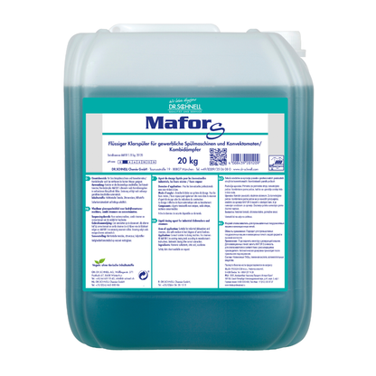 A 20 kg plastic container of Dr. Schnell MAFOR S acidic rinse aid for commercial dishwashers from DR.SCHNELL GmbH & Co. KGaA, blue liquid, with a German white-green label with product information and safety instructions.