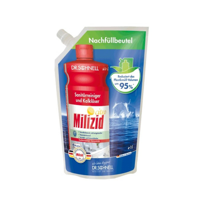 A 1-liter refill pouch of Dr. Schnell Milizid Citro sanitary cleaner and lime remover from DR.SCHNELL GmbH & Co. KGaA, in red-white with green accents, German text, spout, and 95% less plastic volume.
