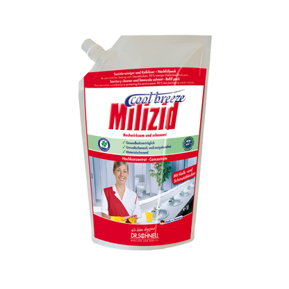 A 1-liter refill bag of Dr. Schnell Milizid Cool Breeze sanitary cleaner and lime remover from DR.SCHNELL GmbH & Co. KGaA, with a red label featuring product information, instructions, and a photo of a smiling person in uniform.