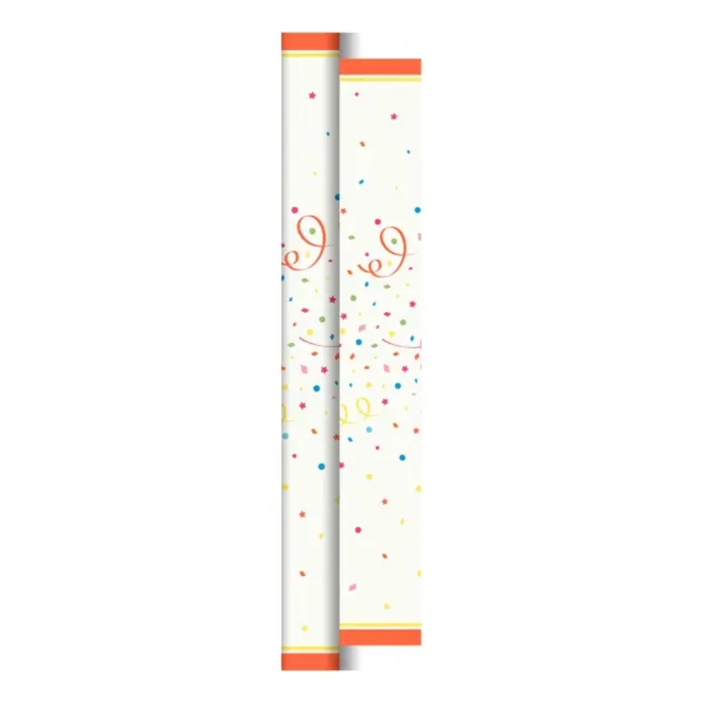 Two Duni Dunicel tablecloth rolls (0.90 m x 40 m) from Duni GmbH in white with orange ends and multicolored confetti and swirl pattern are presented side by side on a white background.