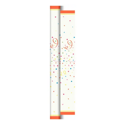 Two Duni Dunicel tablecloth rolls (0.90 m x 40 m) from Duni GmbH in white with orange ends and multicolored confetti and swirl pattern are presented side by side on a white background.