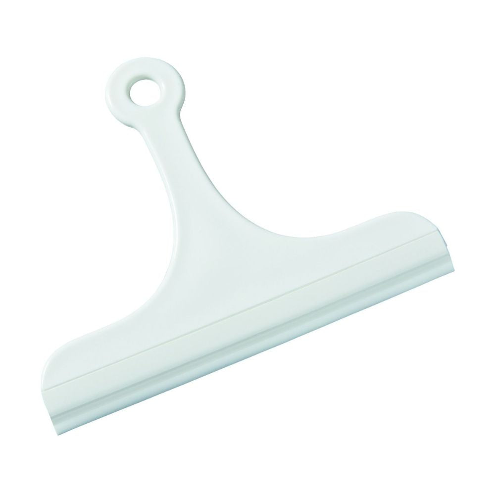 The Haug glass and tile scraper from Haug Bürsten KG is a white plastic tool with a wide rubber lip and a small hanging hole at the top, measuring 180 x 200 x 30 mm.