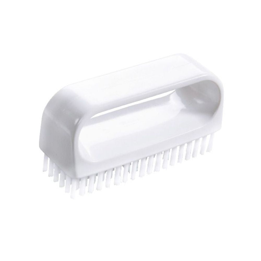 The Haug nail brush with handle Medium 90x30x50 mm from Haug Bürsten KG with a rectangular handle, short bristles, and made of white plastic is depicted on a plain white background. It is ideal for professional hygiene care.