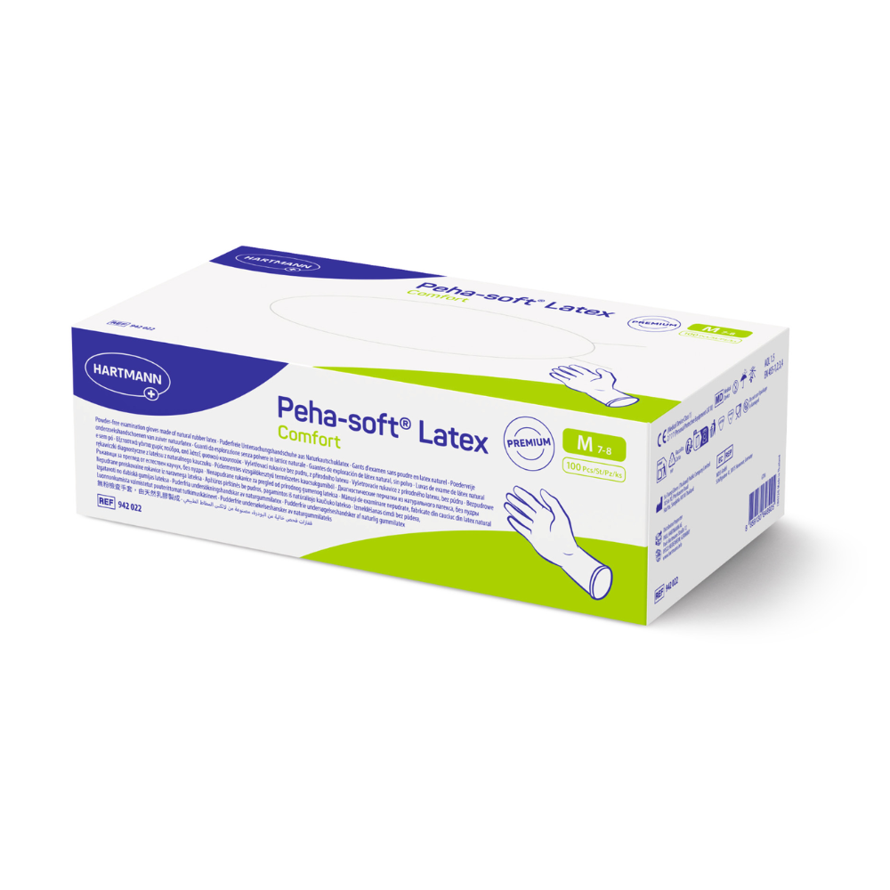 A rectangular box of Peha-soft latex comfort disposable examination gloves by Paul Hartmann AG in size M shows the product name, brand logo, a hand illustration, and details in blue and green on a white background.