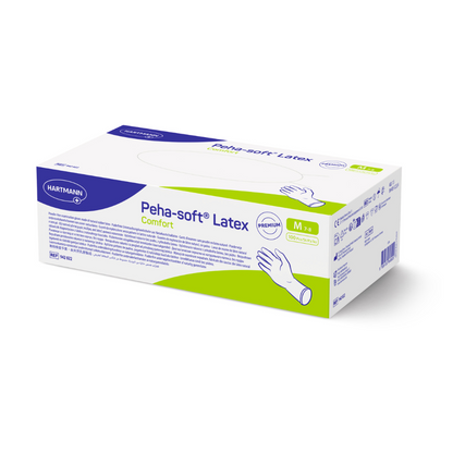 A rectangular box of Peha-soft latex comfort disposable examination gloves by Paul Hartmann AG in size M shows the product name, brand logo, a hand illustration, and details in blue and green on a white background.