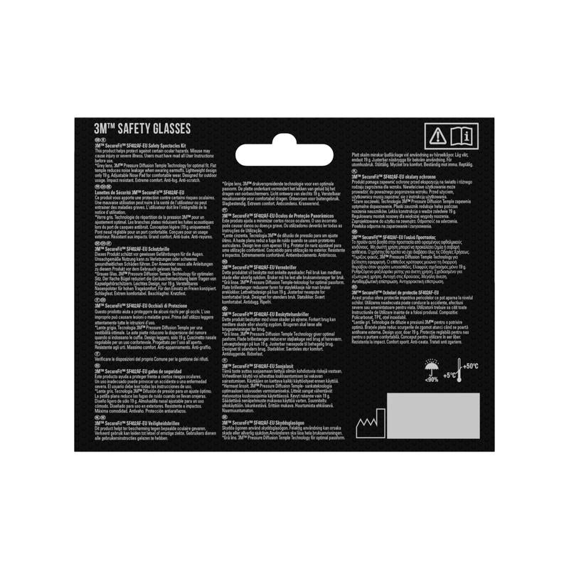 The back of the packaging of the 3M™ SecureFit™ Safety Glasses 400 from 3M Deutschland GmbH shows product details and safety instructions in various languages on a black background, with warning symbols and a hanging tab at the top.
