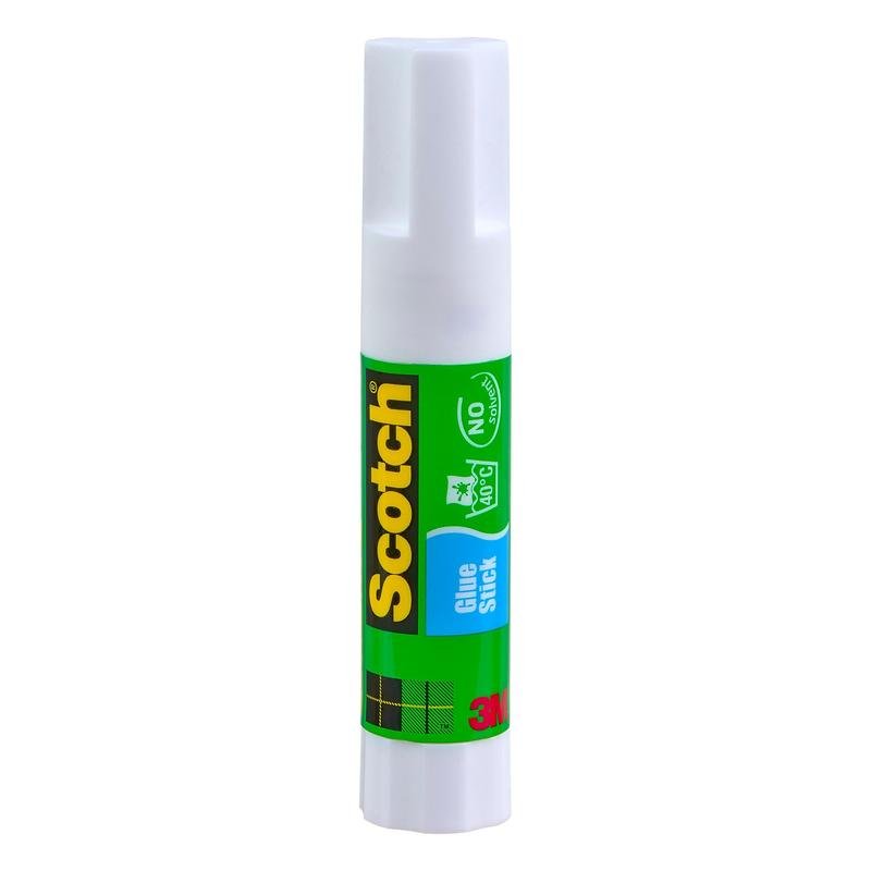 The white plastic tube of Scotch® Permanent Glue Stick, 8 g from 3M Deutschland GmbH stands upright with a green-yellow label and white cap on a white background, offering strong, reliable adhesion in a handy size.