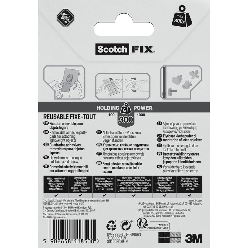 Back of a pack of 3M Deutschland GmbH Scotch-FIX™ Removable Adhesive Pads 301008C36-P (11mm x 15mm, 36 pieces) with instructions with illustrations, multilingual information, holding power specifications, and branding on a black-white-gray package.