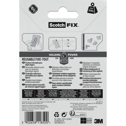 Back of a pack of 3M Deutschland GmbH Scotch-FIX™ Removable Adhesive Pads 301008C36-P (11mm x 15mm, 36 pieces) with instructions with illustrations, multilingual information, holding power specifications, and branding on a black-white-gray package.