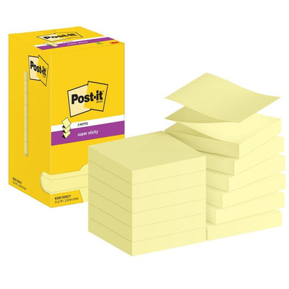 An open box with 3M Post-it® Super Sticky Z-Notes, Yellow (76 x 76 mm), 90 sheets/block, 12 blocks/pack, PEFC-certified by SGSCH-PEFC-COC-110078 shows neatly arranged yellow notes next to the box.