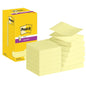 An open box with 3M Post-it® Super Sticky Z-Notes, Yellow (76 x 76 mm), 90 sheets/block, 12 blocks/pack, PEFC-certified by SGSCH-PEFC-COC-110078 shows neatly arranged yellow notes next to the box.