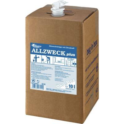 The 10 L GastroPower Allzweck Plus Eco Box from Abena Re-Seller GmbH made of brown cardboard with a dispensing tap and blue-white label offers a concentrated, environmentally friendly multi-purpose cleaner for versatile use in the gastronomy sector.
