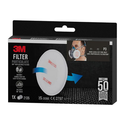The 3M™ Particulate Filter 2135, P3 (1 pair/pack) from 3M Deutschland GmbH offers strong fine dust protection and is a testament to more than 50 years of experience in respiratory protection. The packaging shows a white filter and a person wearing a respirator.