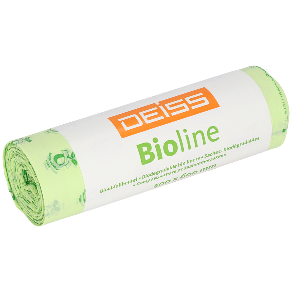 A roll of EMIL DEISS KG DEISS BIOLINE garbage bags, bioplastic, 30L, natural color, 500x600x0.018 mm (20 pieces), highlights the compostable properties for sustainable waste disposal.