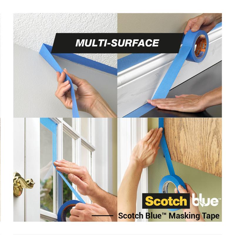 Four images show hands applying ScotchBlue™ Painter's Tape "Multi-Surface" by 3M Deutschland GmbH on a textured ceiling, a baseboard, a window trim, and a painted wall. The text reads "Multi-Surface" and "Scotch Blue Masking Tape".
