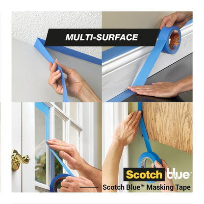 Four images show hands applying ScotchBlue™ Painter's Tape "Multi-Surface" by 3M Deutschland GmbH on a textured ceiling, a baseboard, a window trim, and a painted wall. The text reads "Multi-Surface" and "Scotch Blue Masking Tape".
