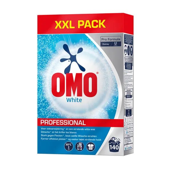 Front view of the OMO Professional White Detergent XXL Pack (7 kg) by Diversey Deutschland GmbH & Co. OHG, with branding and info; suitable as a detergent for white laundry for up to 140 wash loads.