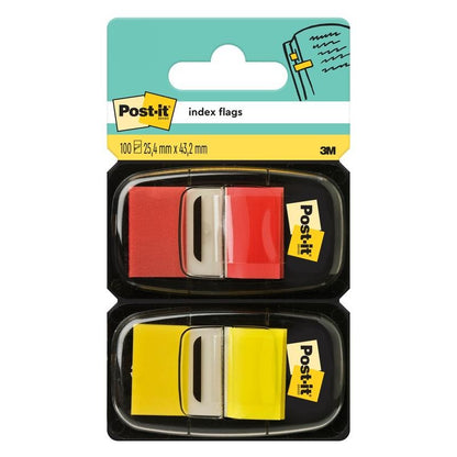 The Post-it® Index Tabs from 3M Deutschland GmbH contain two dispensers with 50 standard adhesive flags each (25.4 mm x 43.2 mm) in the colors red and yellow, presented in black plastic holders with the Post-it logo on the packaging.
