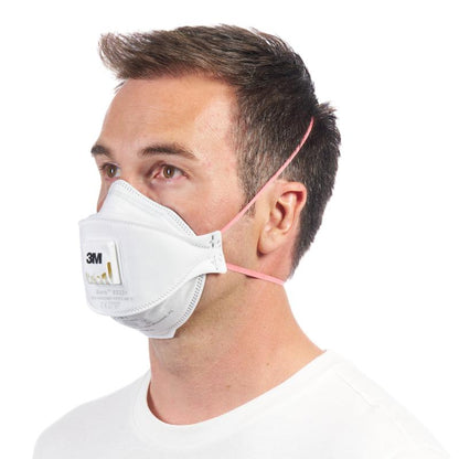 A person with short brown hair wears a 3M™ Aura™ Comfort Cool Flow™ Particulate Respirator 9332+ FFP3 with valve from 3M Deutschland GmbH, white with pink bands, in side view against a solid white background.