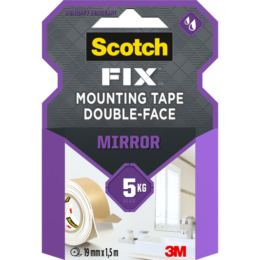 Eine Packung Scotch-FIX™ Spiegelmontageband 4496W von 3M Deutschland GmbH enthält doppelseitiges Klebeband für Spiegel, trägt bis zu 5 kg, ist 19 mm x 1,5 m groß und zeigt ein meist lila Design mit Klebeband- und Waschbeckenmotiven.