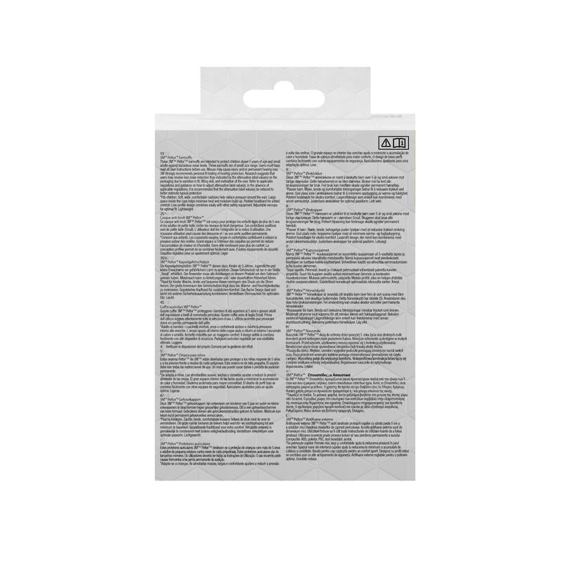 The picture shows the back of a 3M™ PELTOR™ earmuff for children packaging by 3M Deutschland GmbH with instructions, warnings, and product details in multiple languages on a white background with a subtle geometric pattern. No branding or product name is visible.