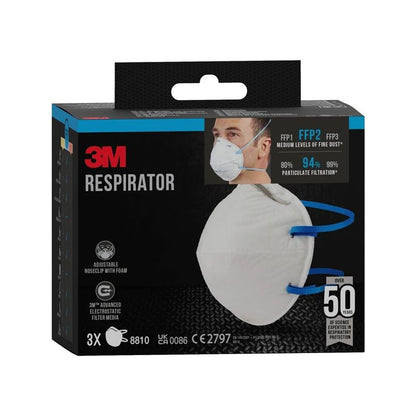 The 3M™ Particulate Respirator 8810, FFP2 (without valve) from 3M Deutschland GmbH is delivered in a 3-pack. It offers FFP2 protection with 94% particle filtration, optimal for medium fine dust. Packaging shows wearer with mask.