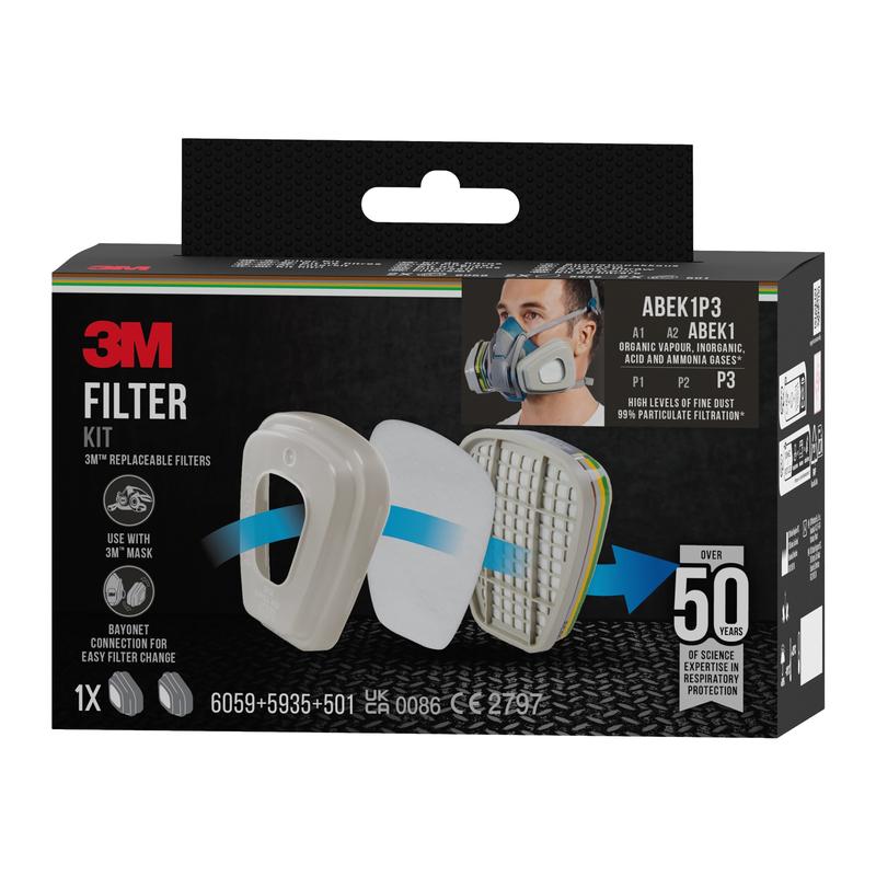 The 3M™ Filter Set 6004-1 box (from 3M Deutschland GmbH) shows a respirator mask, ABEK1P3 Combination Filter (2x6059, 2x5935, 2x501), filter case, compatibility with 3M masks, and emphasizes over 50 years of respiratory protection expertise.