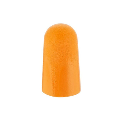 A single 3M™ Earplug 1100 made of soft, orange foam (SNR 35 dB) from 3M Deutschland GmbH is depicted upright on a white background.