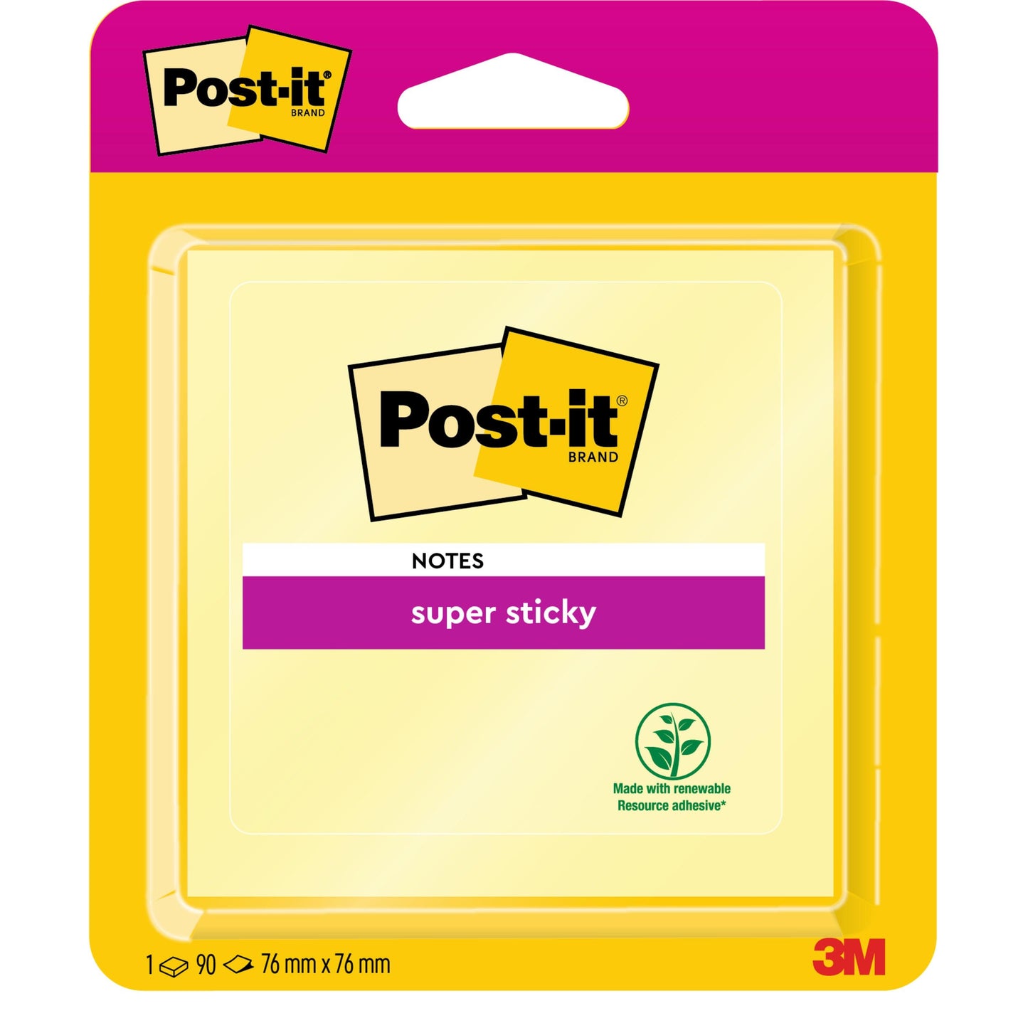 Eine Packung Post-it® Super Sticky Notes, Gelb (76 mm x 76 mm, 90 Blatt), mit rosa Etikett, mit Klebstoff aus nachwachsenden Rohstoffen und dem Logo der 3M Deutschland GmbH unten rechts. PEFC-zertifiziert (SGSCH-PEFC-COC-110078).