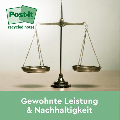 A balanced scale stands on a surface. The logo of Post-it® Super Sticky 100% Recycling Notes appears at the top left. Below is "Customary Performance & Sustainability" on a green background. Brand: 3M Deutschland GmbH.