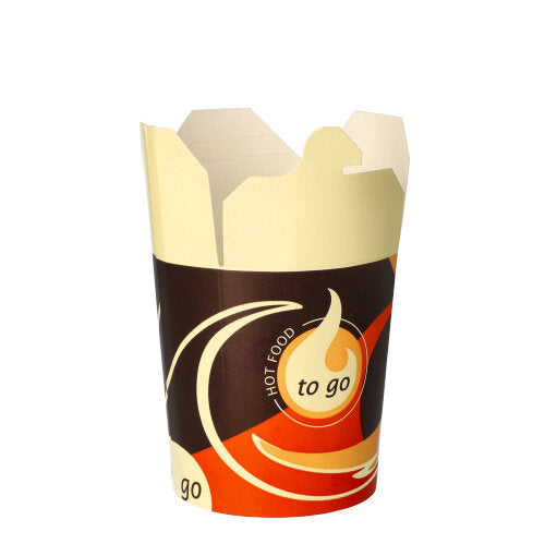 The Starpak 50 snack boxes "To Go" square - 550 ml by Starpak are cardboard containers for takeout food with a beige-brown-orange design and the inscriptions "To Go" and "Warm Food". It is depicted empty with partially open lid flaps against a white background.