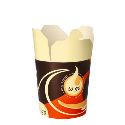 The Starpak 50 snack boxes "To Go" square - 550 ml by Starpak are cardboard containers for takeout food with a beige-brown-orange design and the inscriptions "To Go" and "Warm Food". It is depicted empty with partially open lid flaps against a white background.