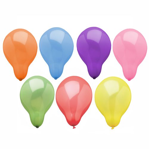 Seven PAPSTAR 100 round, color-sorted balloons (orange, blue, purple, pink, green, red, yellow) from the brand PAPSTAR GmbH are arranged in two rows against a white background.