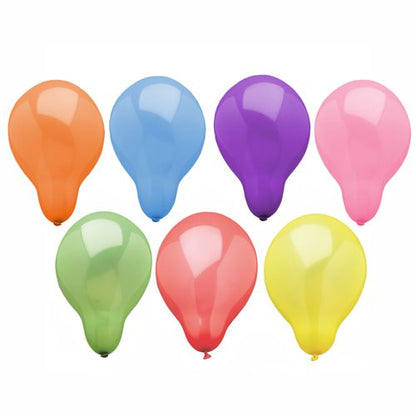 Seven PAPSTAR 100 round, color-sorted balloons (orange, blue, purple, pink, green, red, yellow) from the brand PAPSTAR GmbH are arranged in two rows against a white background.